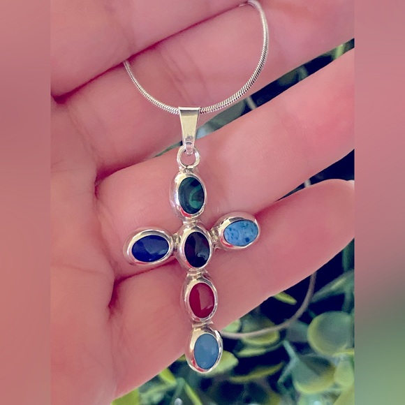 Vintage Native American Sterling Silver Multi Gemstone Cross Pendant/thick chain - Picture 2 of 7